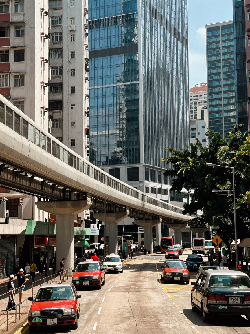 Hong Kong street scene under flat noon glare with monorail reflection in glass skyscraper in in Hong Kong, Hong Kong
