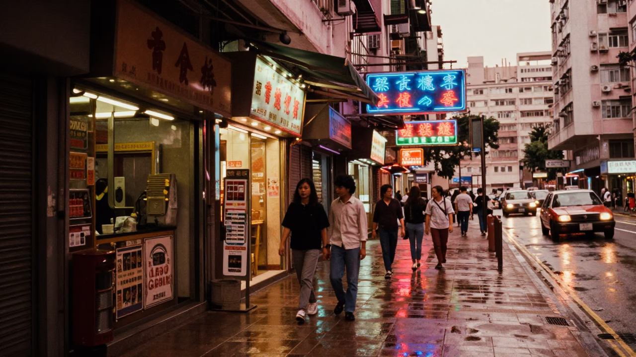 Hong Kong Street Scene with Neon Reflections and Vintage Shop Details in in Hong Kong, Hong Kong