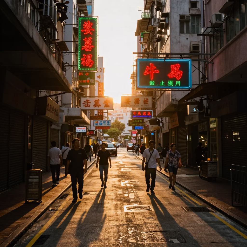 Hong Kong street scene with neon signs and pedestrians at golden hour in in Hong Kong, Hong Kong
