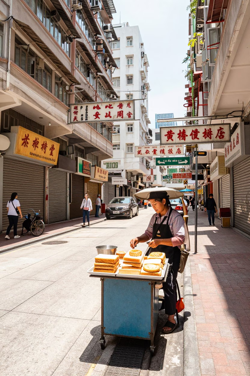 Hong Kong Street Scene with Rye Bread Dessert in Bright Midmorning Light in in Hong Kong, Hong Kong