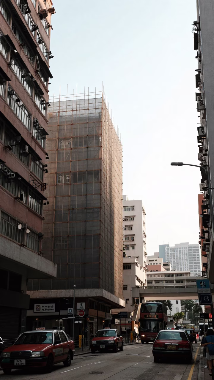 Hong Kong Street Scene with Scaffold Joints and Urban Life in in Hong Kong, Hong Kong