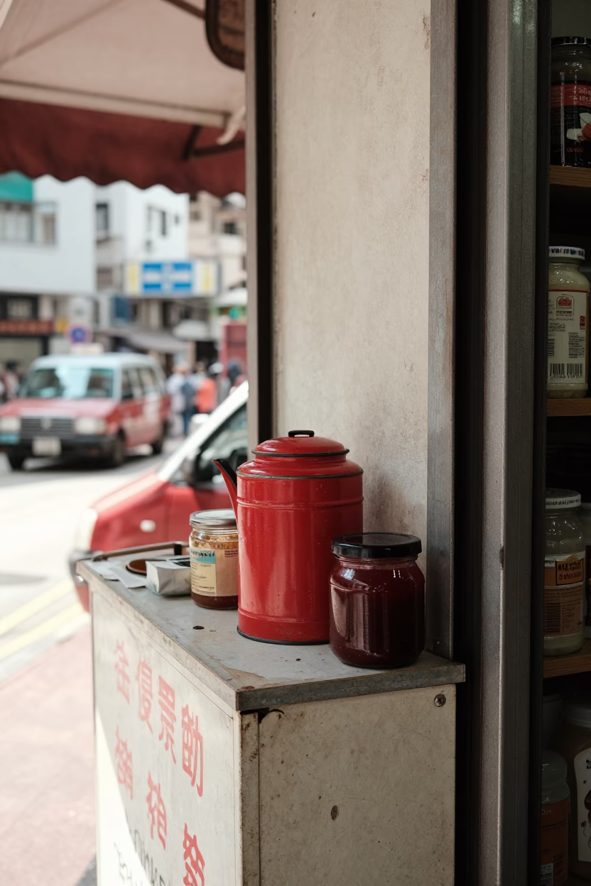 Hong Kong Street Scene with Tea Canister and Jam Jar in Bright Midmorning Light in in Hong Kong, Hong Kong