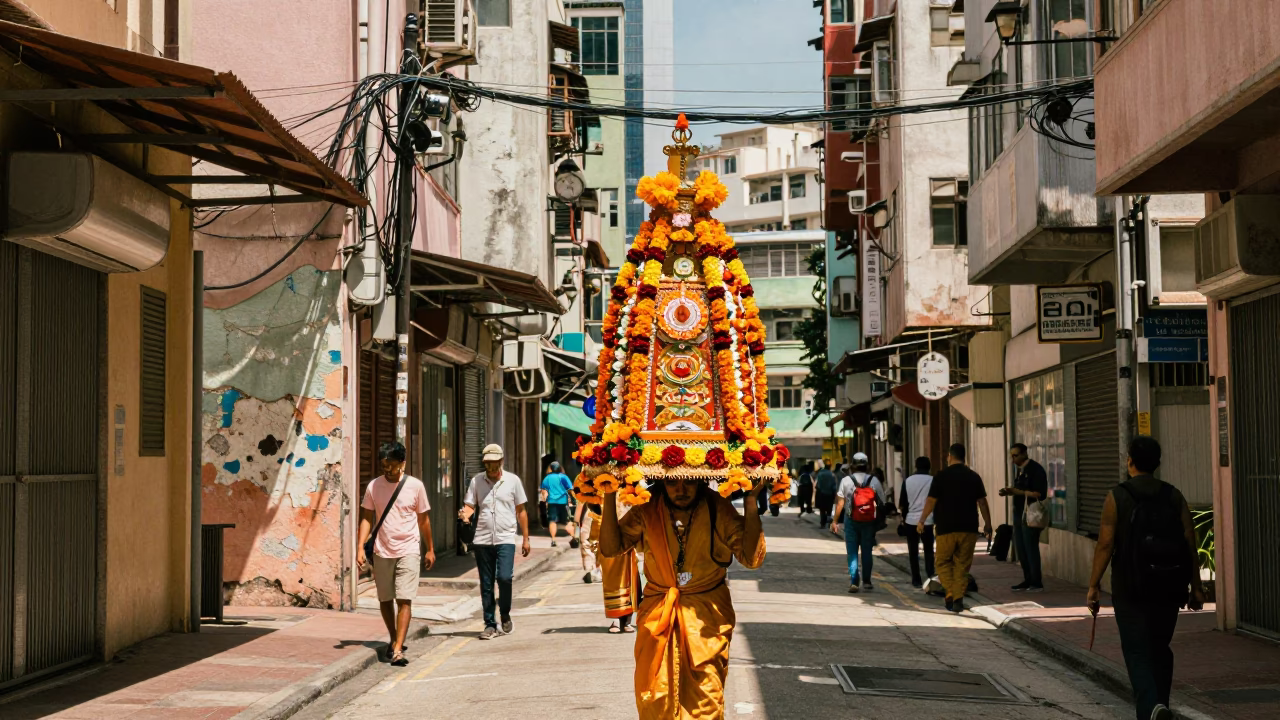 Hong Kong street scene with Thaipusam kavadi devotee under noon glare in in Hong Kong, Hong Kong