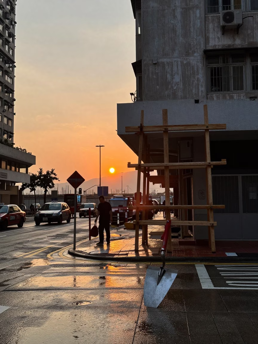 Hong Kong Street Sunset Scene with Mason's Trowel and Wet Mortar on Scaffold in in Hong Kong, Hong Kong