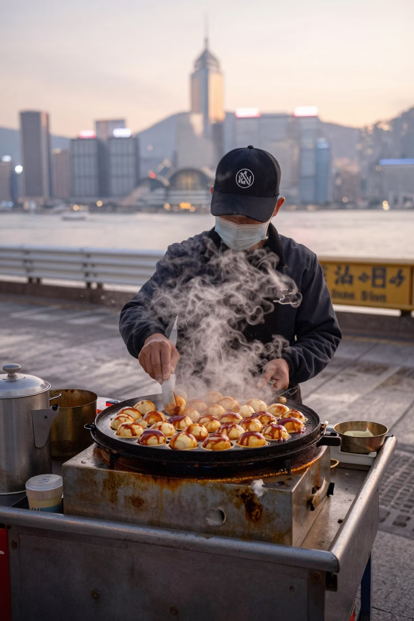 Hong Kong Street Vendor Cooking Takoyaki at Nautical Dawn in Busy District in in Hong Kong, Hong Kong