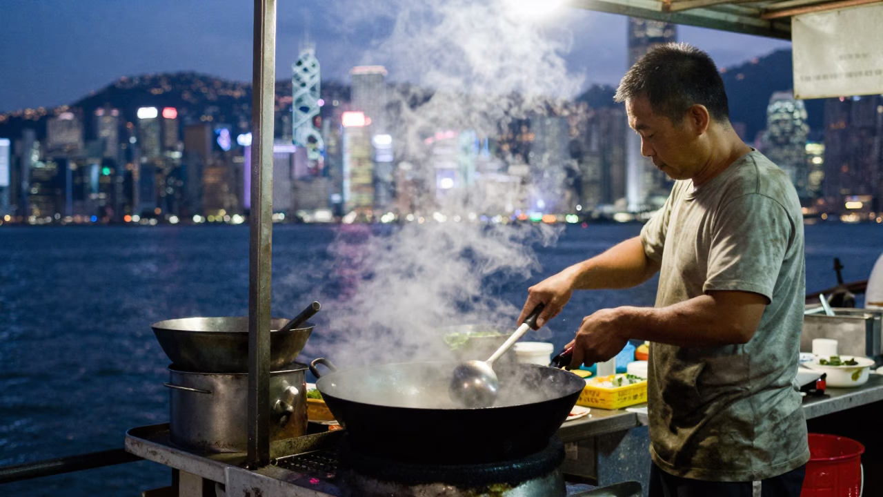 Hong Kong Street Vendor Cooking Wok at Dusk with City Lights in in Hong Kong, Hong Kong