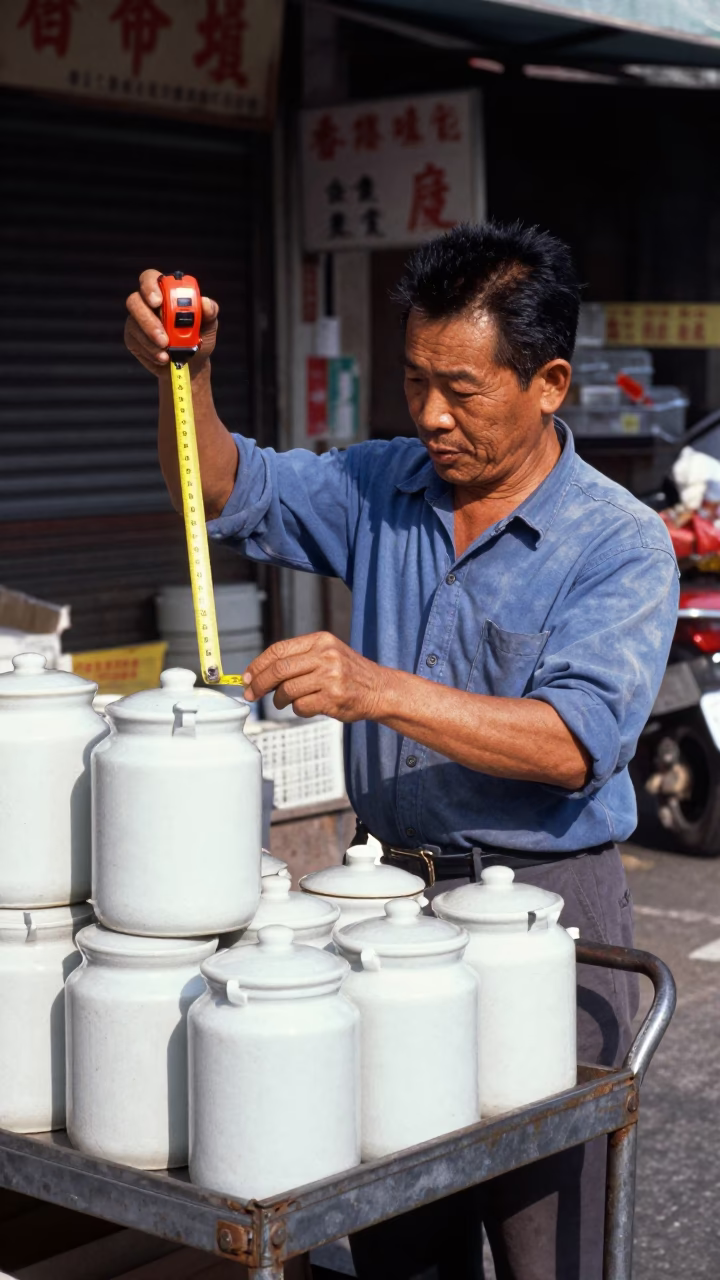 Hong Kong Street Vendor Early Afternoon Measuring Tapes and Canisters in in Hong Kong, Hong Kong