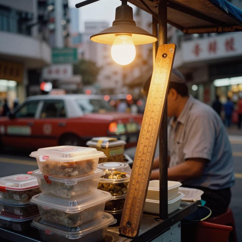 Hong Kong Street Vendor Evening Light with Wooden Ruler and Cash Box in in Hong Kong, Hong Kong