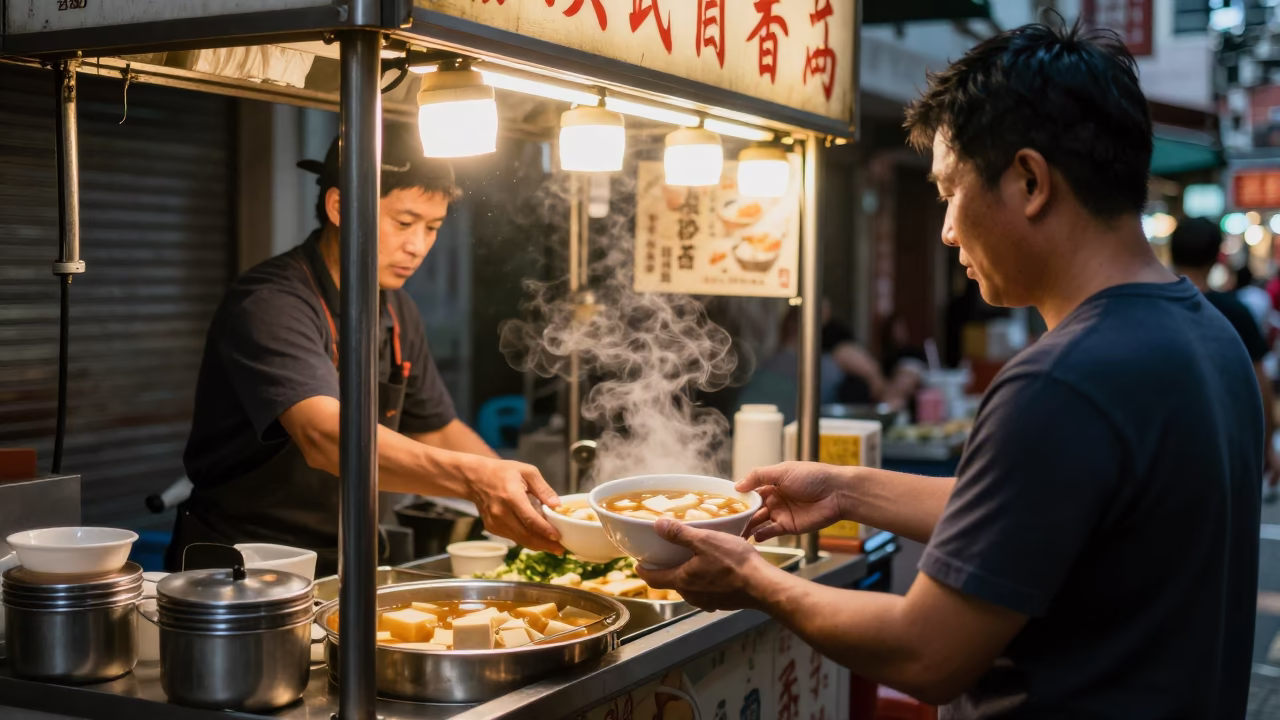 Hong Kong Street Vendor Evening Miso Soup Tofu and Local Dining Culture in in Hong Kong, Hong Kong