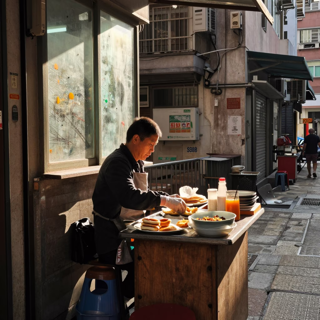 Hong Kong Street Vendor First Light Morning with Paint Flecks on Window Glass in in Hong Kong, Hong Kong