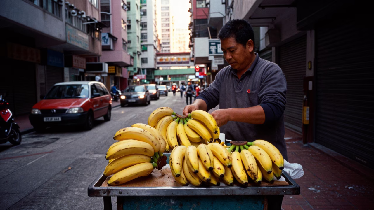 Hong Kong Street Vendor Preparing Bananas Before Dawn in Busy Neighborhood in in Hong Kong, Hong Kong
