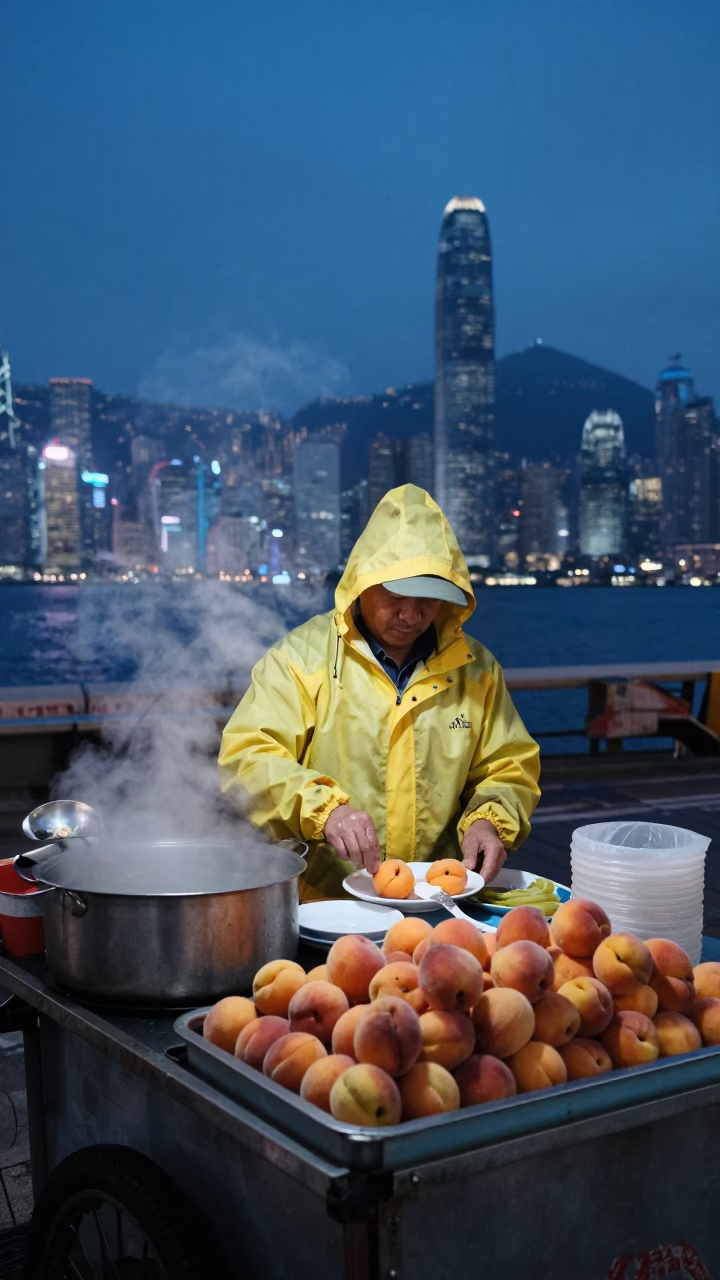 Hong Kong street vendor preparing breakfast before dawn with apricots and charcoal sketchbook in in Hong Kong, Hong Kong