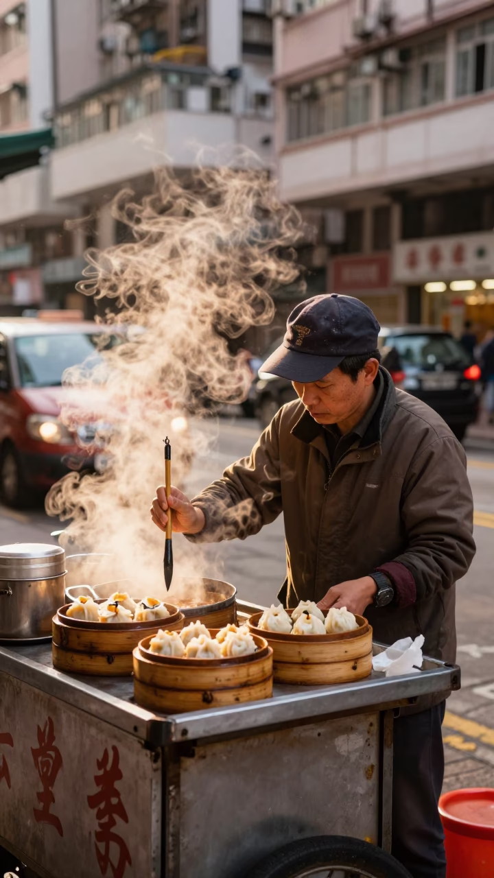 Hong Kong street vendor preparing dim sum with calligraphy brush in honeyed evening light in in Hong Kong, Hong Kong