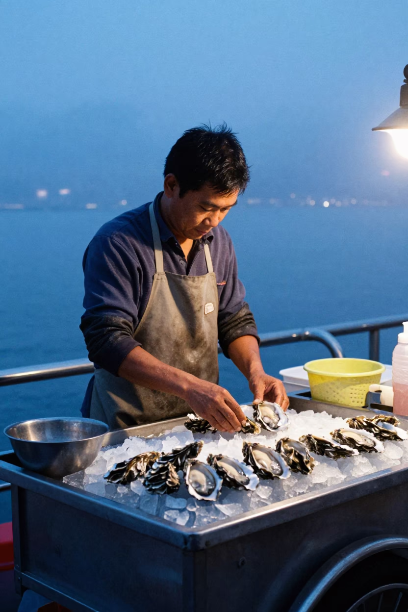Hong Kong street vendor preparing fresh oysters on ice before sunrise dawn in in Hong Kong, Hong Kong