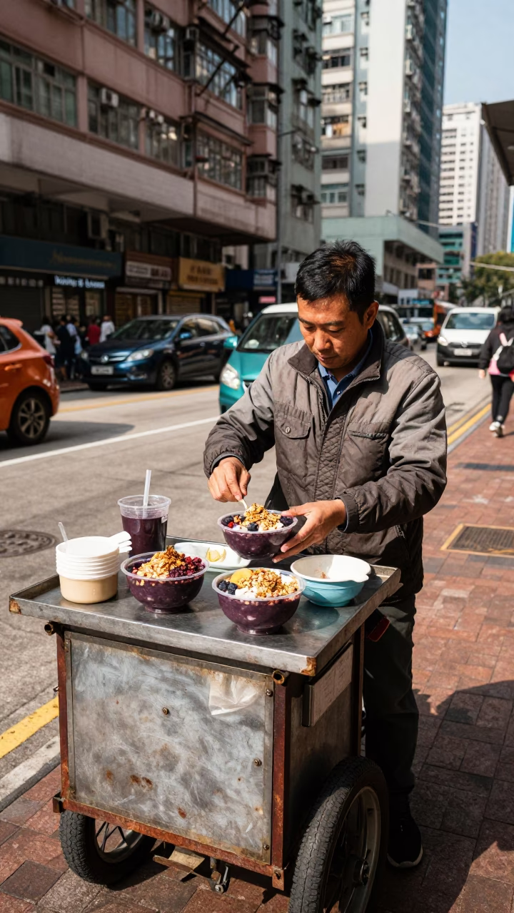 Hong Kong Street Vendor Selling Acai Bowl with Granola and Banana in Early Afternoon in in Hong Kong, Hong Kong
