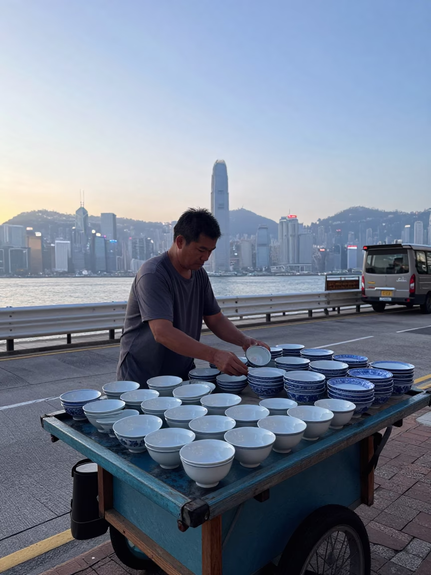 Hong Kong Street Vendor Selling Blue and White Porcelain Before Sunrise in in Hong Kong, Hong Kong