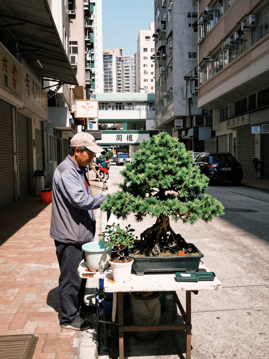 Hong Kong street vendor selling bonsai juniper on stone slab under harsh noon glare in in Hong Kong, Hong Kong