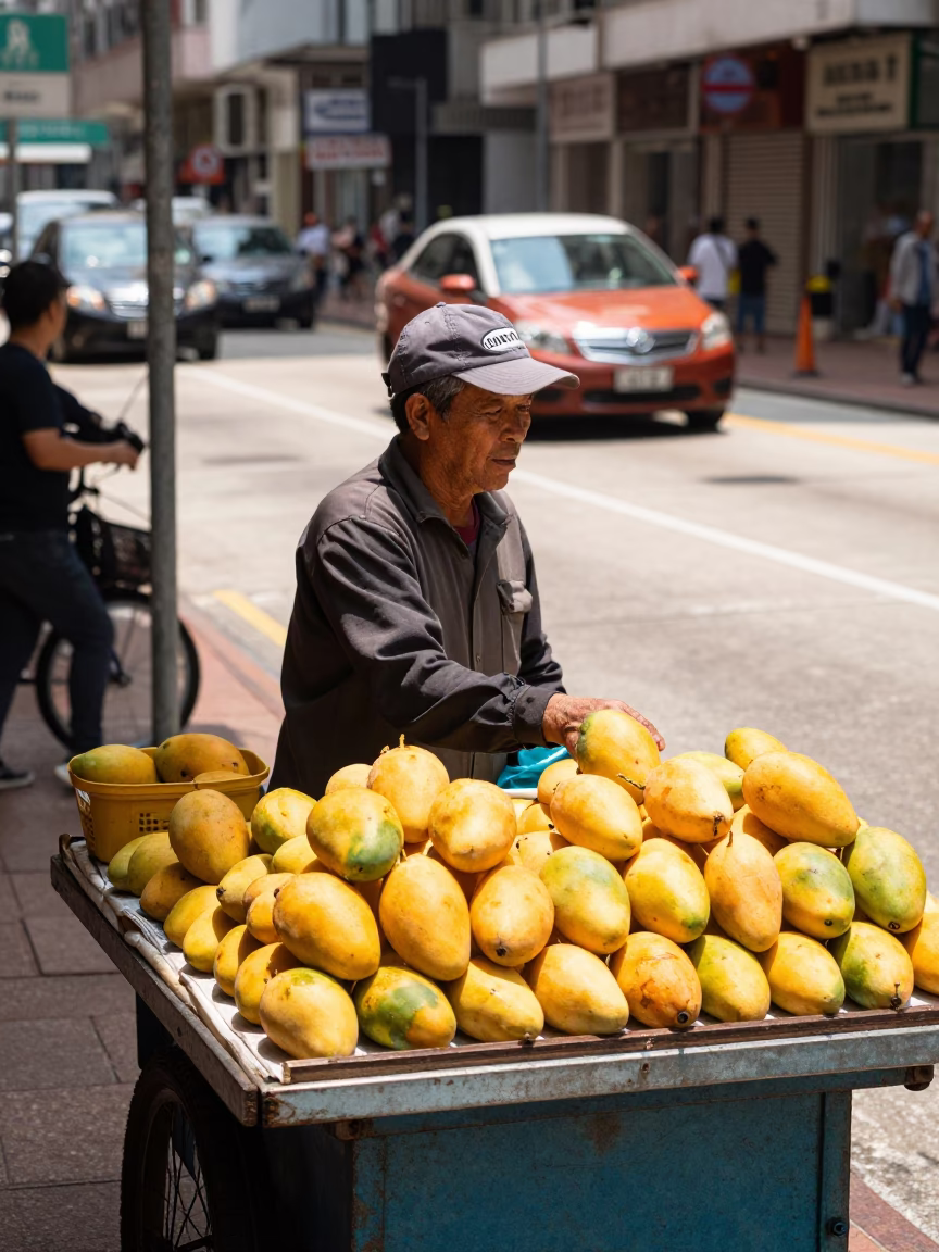 Hong Kong street vendor selling fresh mangoes under flat noon light in in Hong Kong, Hong Kong