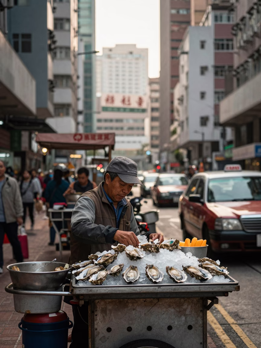 Hong Kong Street Vendor Selling Fresh Oysters on Crushed Ice at Dawn First Light in in Hong Kong, Hong Kong
