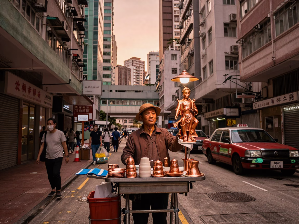 Hong Kong Street Vendor Selling Model Ships in Copper Dusk Light in in Hong Kong, Hong Kong