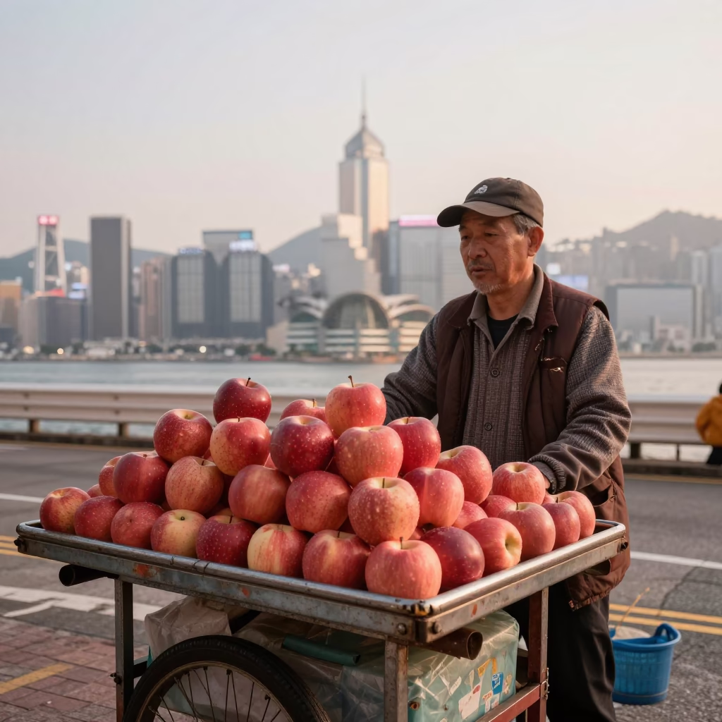 Hong Kong Street Vendor Selling Red Apples in Copper Toned Dusk Light in in Hong Kong, Hong Kong