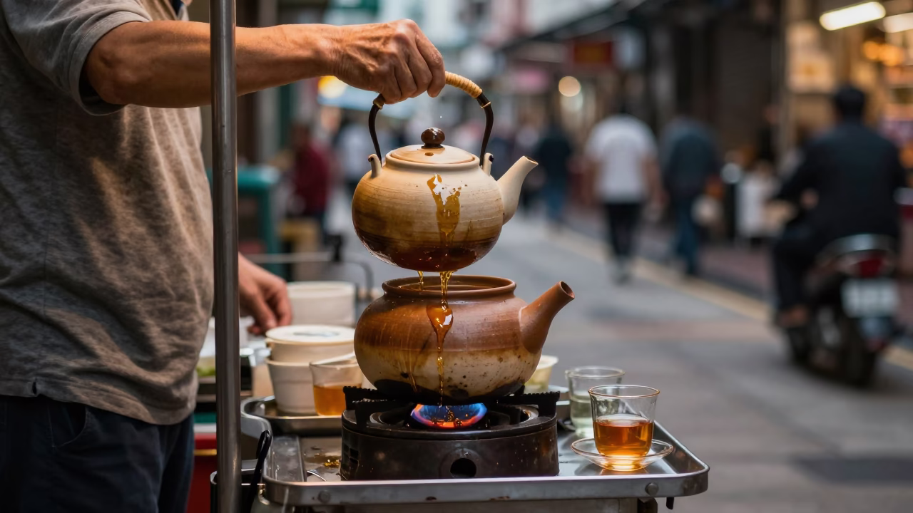 Hong Kong Street Vendor Selling Tea in Honeyed Evening Light with Local Neighborhood Details in in Hong Kong, Hong Kong
