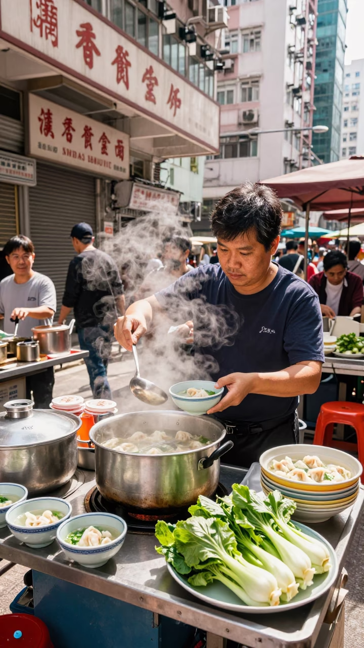 Hong Kong Street Vendor Selling Wonton Soup and Bok Choy Under Noon Sun in in Hong Kong, Hong Kong