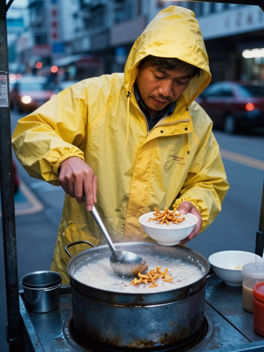 Hong Kong Street Vendor Serving Hot Congee with Crispy Shallots in Evening Blue Light in in Hong Kong, Hong Kong