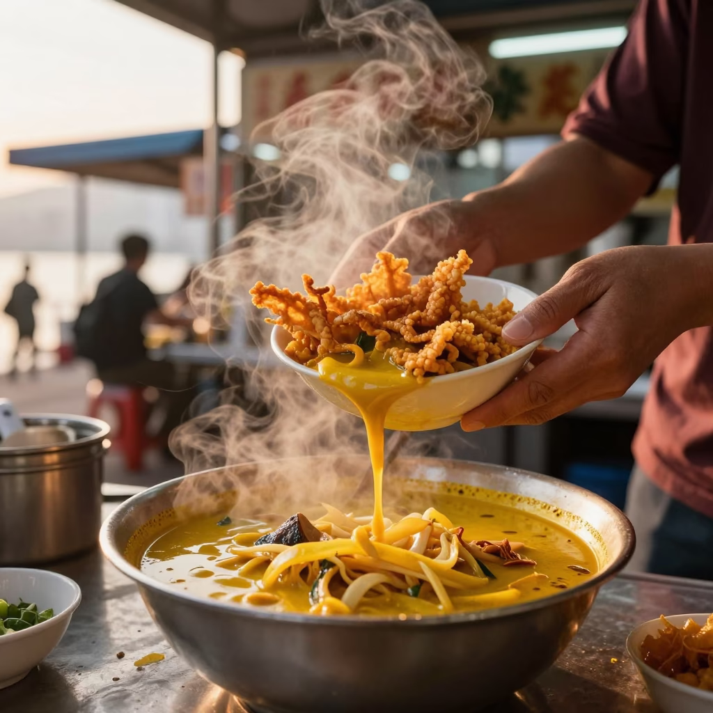 Hong Kong street vendor serving hot khao soi with crispy noodles at sunset in in Hong Kong, Hong Kong