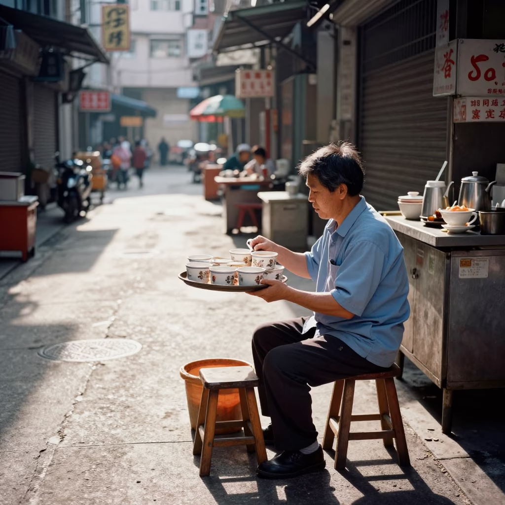 Hong Kong Street Vendor Serving Morning Tea with Wooden Stool After Sunrise in in Hong Kong, Hong Kong