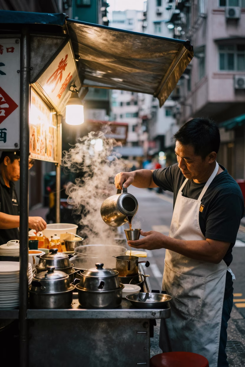 Hong Kong street vendor stall at dawn with tea service and urban backdrop in in Hong Kong, Hong Kong