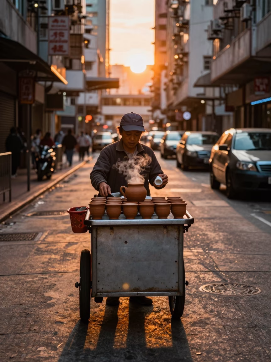 Hong Kong Street Vendor Steaming Clay Cups of Masala Chai at Sunset in in Hong Kong, Hong Kong