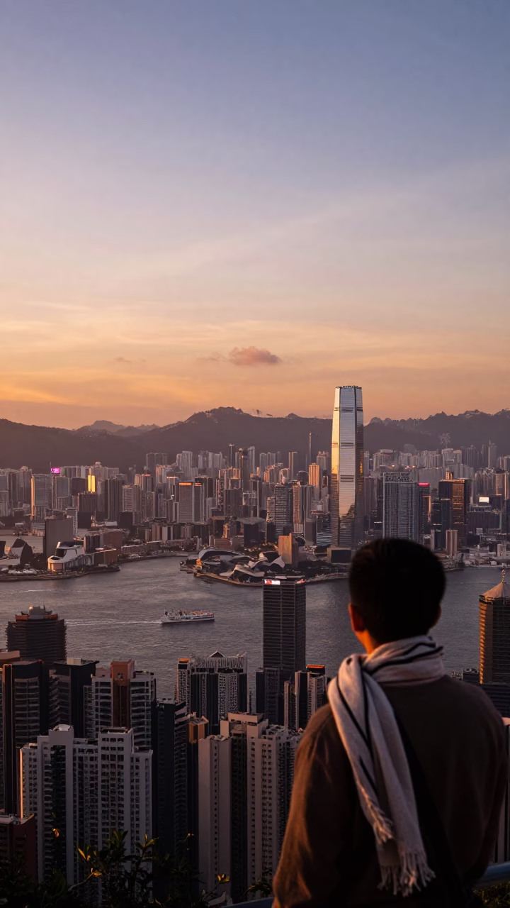 Hong Kong Sunset Skyline View from Peak with Urban Scarf Detail in in Hong Kong, Hong Kong