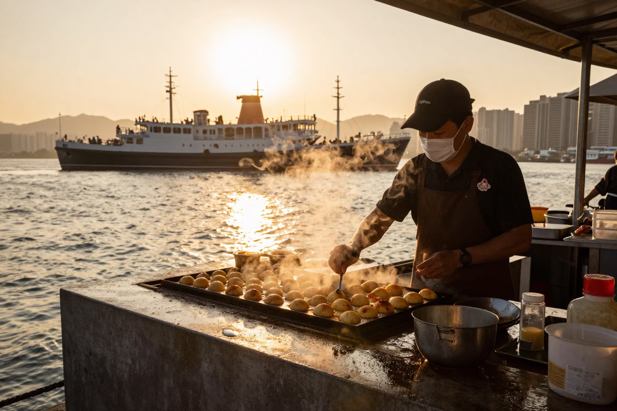 Hong Kong Sunset Street Food Scene with Steamship in Harbor in in Hong Kong, Hong Kong