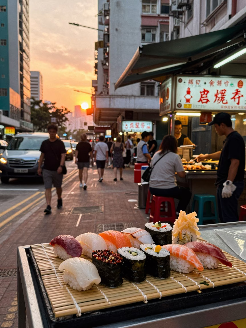 Hong Kong Sunset Street Scene with Bamboo Mat Sushi Platter and Hanging Air Plant in in Hong Kong, Hong Kong