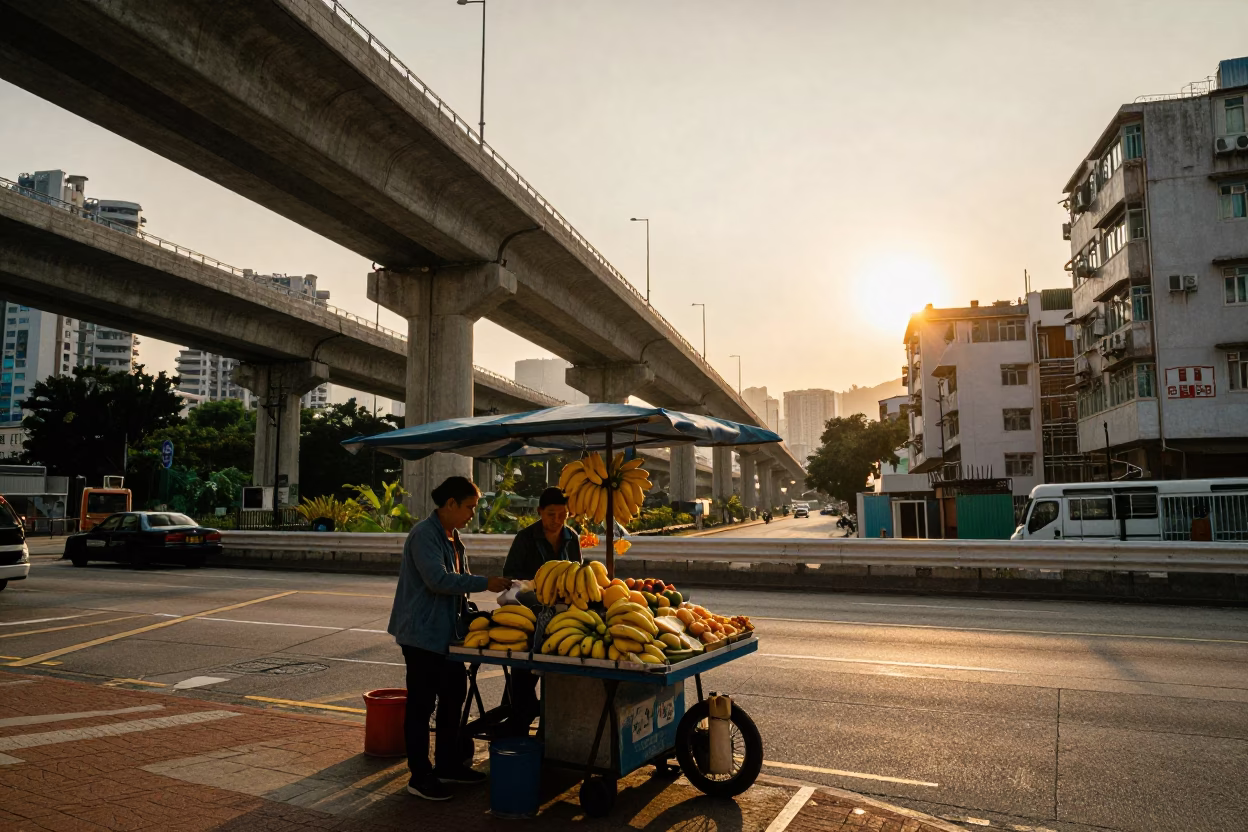 Hong Kong Sunset Street Scene with Banana Vendor and Concrete Viaduct in in Hong Kong, Hong Kong