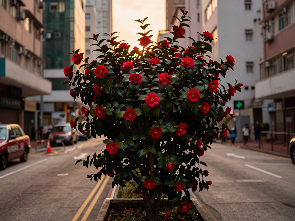 Hong Kong Sunset Street Scene with Camellia Shrub and Red Flowers in in Hong Kong, Hong Kong