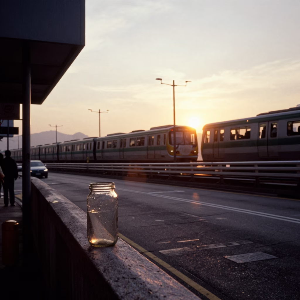 Hong Kong Sunset Street Scene with Commuter Train and Urban Details in in Hong Kong, Hong Kong