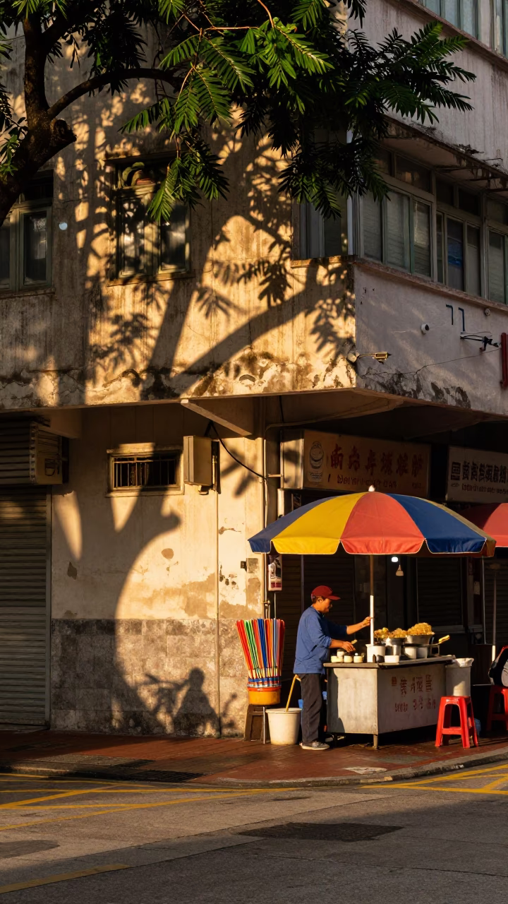 Hong Kong Sunset Street Scene with Dappled Shadows and Urban Life in in Hong Kong, Hong Kong