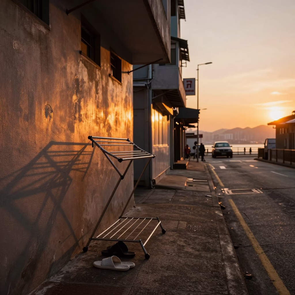 Hong Kong Sunset Street Scene with Drying Rack and Slippers in in Hong Kong, Hong Kong