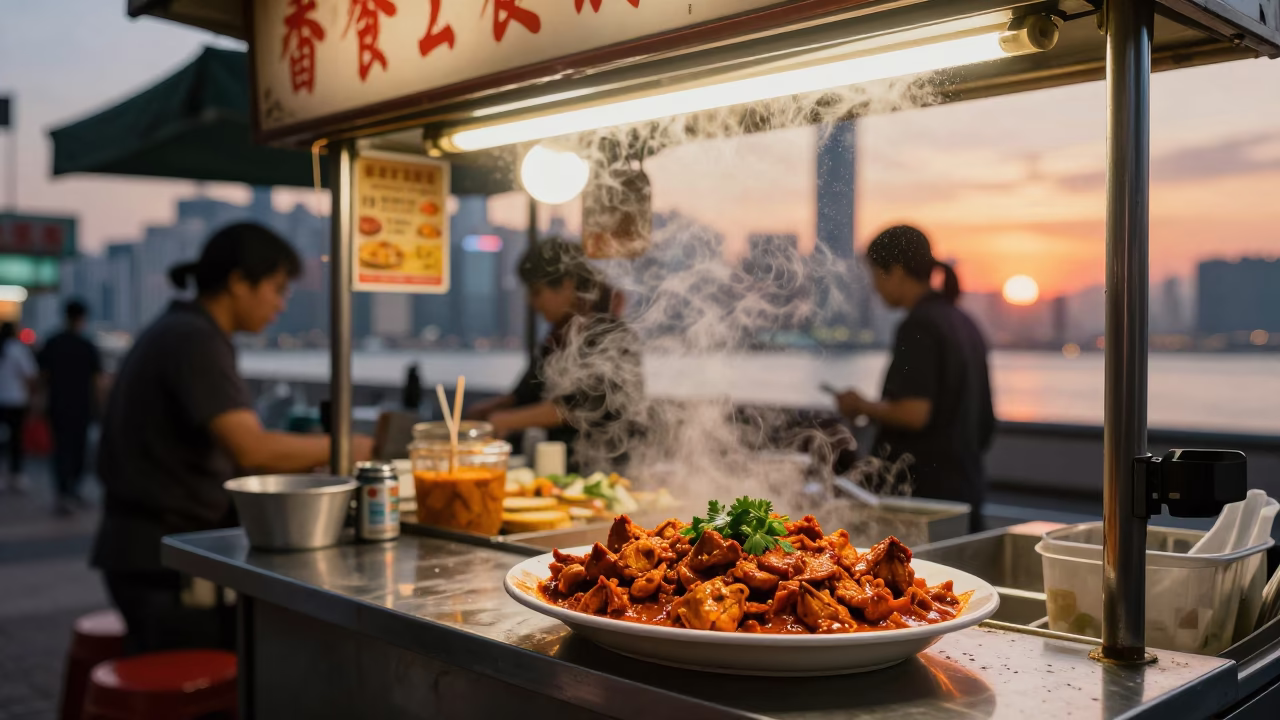 Hong Kong Sunset Street Scene with Food Stall and Condensation in in Hong Kong, Hong Kong