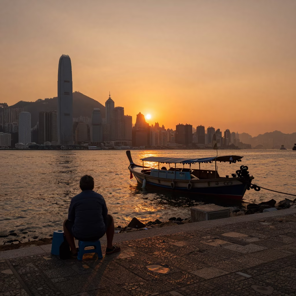 Hong Kong Sunset Street Scene with Longtail Boat and Limestone Island Beach in in Hong Kong, Hong Kong