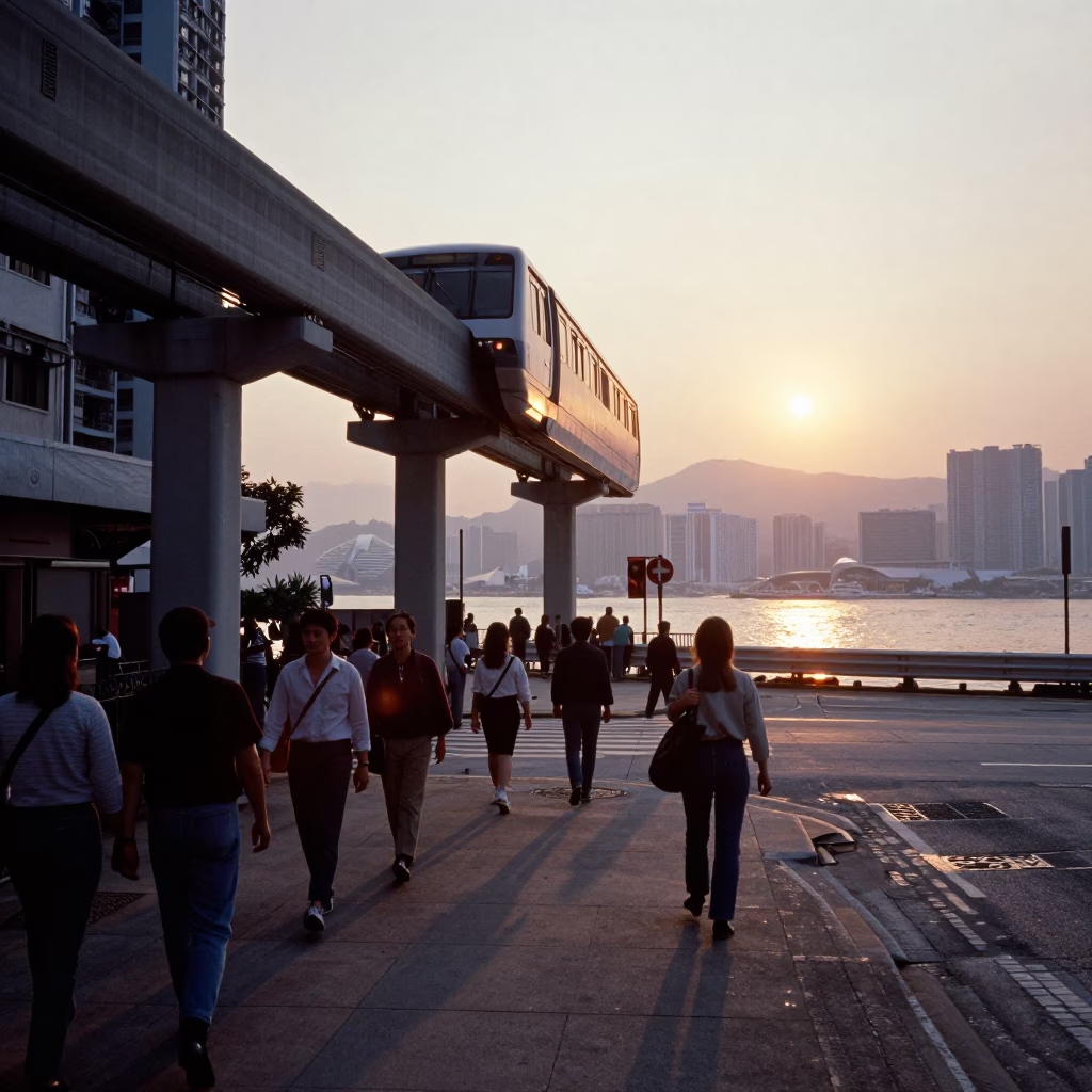 Hong Kong Sunset Street Scene with Monorail and River Reflections in in Hong Kong, Hong Kong