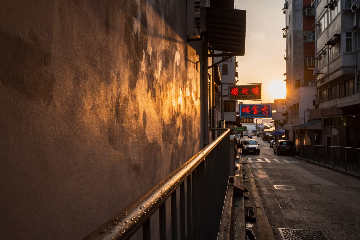Hong Kong Sunset Street Scene with Neon Signs and Urban Decay in in Hong Kong, Hong Kong