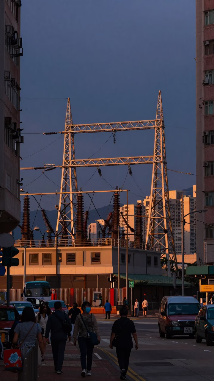 Hong Kong Sunset Street Scene with Power Substation and Urban Life in in Hong Kong, Hong Kong