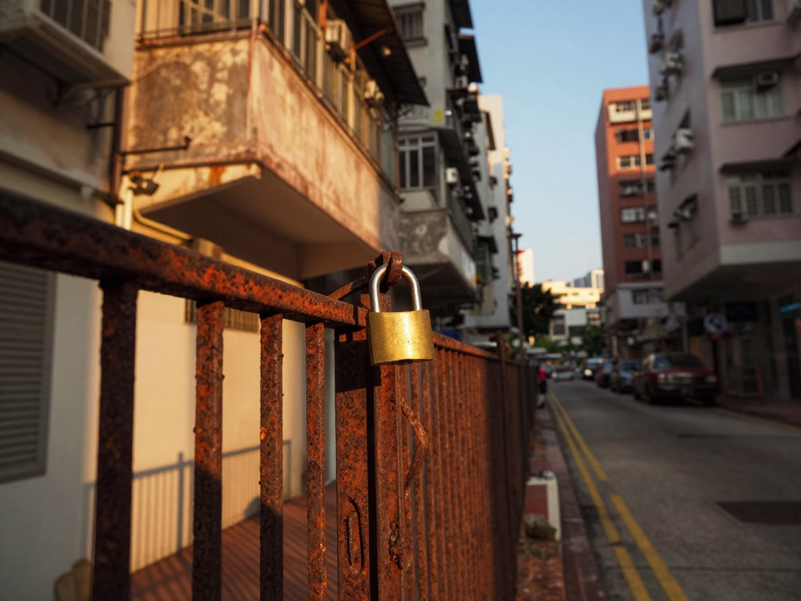 Hong Kong Sunset Street Scene with Rusty Rail and Padlock on Balcony in in Hong Kong, Hong Kong