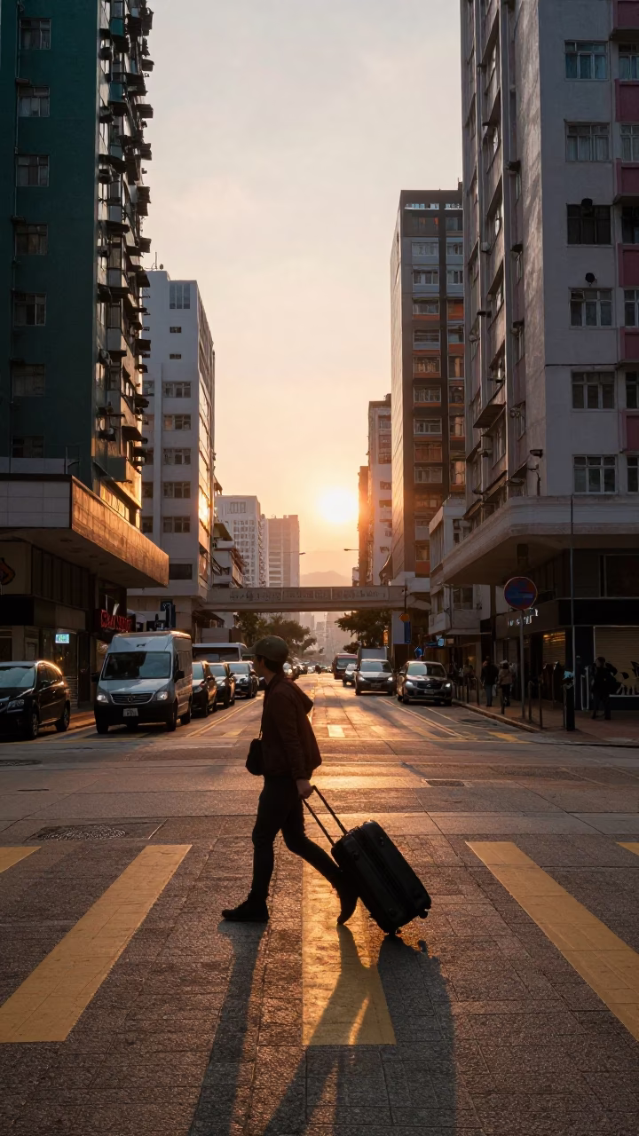 Hong Kong Sunset Street Scene with Suitcases and Urban Infrastructure in in Hong Kong, Hong Kong