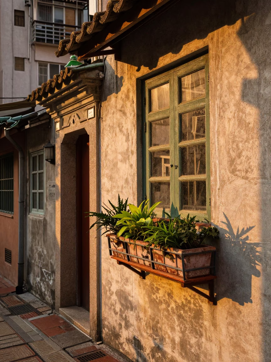 Hong Kong Sunset Street Scene with Window Boxes and Urban Life in in Hong Kong, Hong Kong