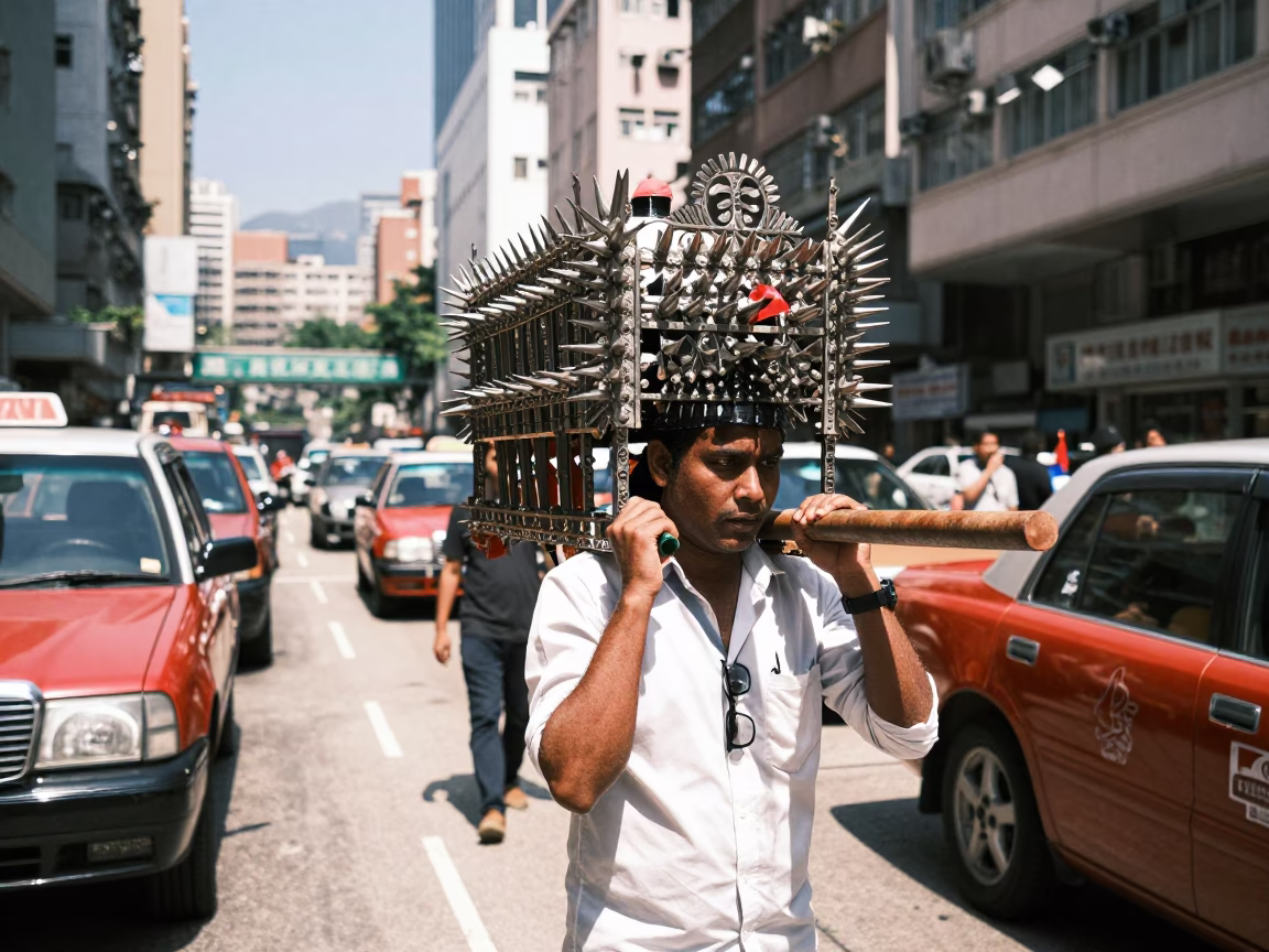 Hong Kong Thaipusam Devotee Carrying Kavadi Amidst Midday Street Traffic and Urban Density in in Hong Kong, Hong Kong