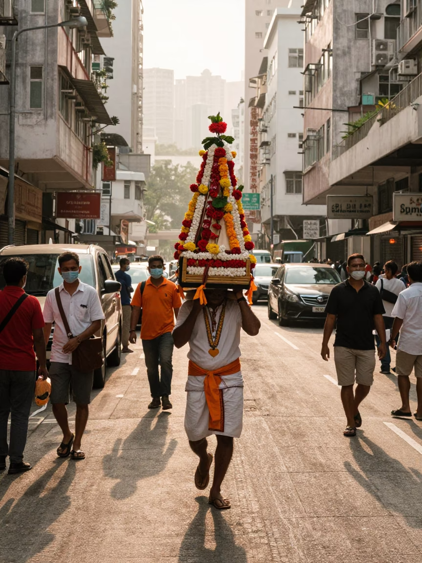 Hong Kong Thaipusam Devotee Carrying Kavadi in First Light Street Scene in in Hong Kong, Hong Kong